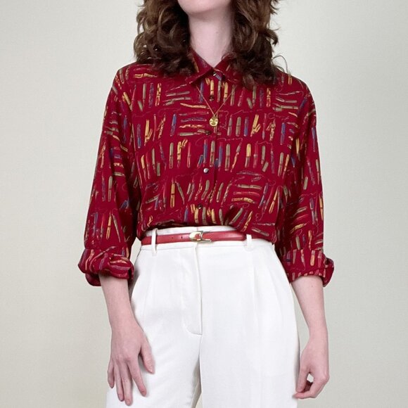 Vintage Calligraphy Fountain Pen Novelty Print Button Up Down Blouse Shirt Top - Picture 8 of 9